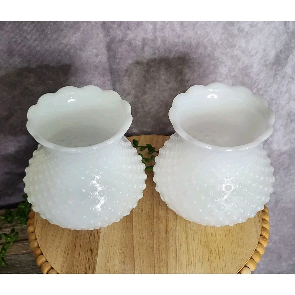Vintage Hobnail Milk Glass Hurricane Shade Set White Scalloped Ruffle Rim 2 pc